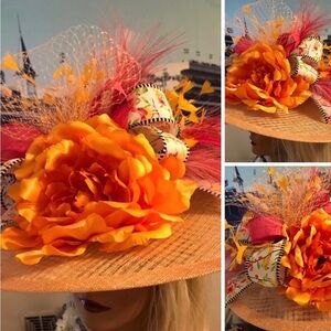 Statement Orange Floral Straw Hat with Feather and Ribbon Accents